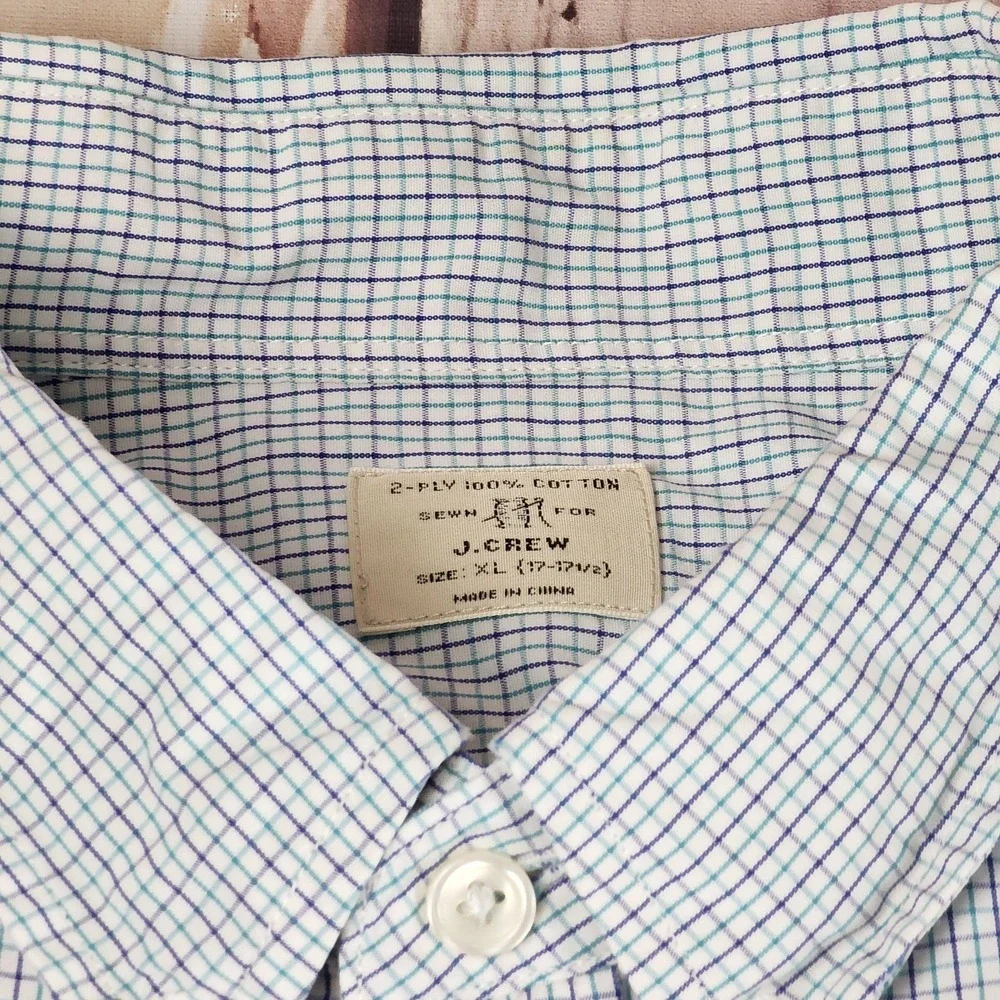J CREW Shirt Mens XL 17-17.5 2-Ply‎ Cotton Button Down L/S Purple Green Check